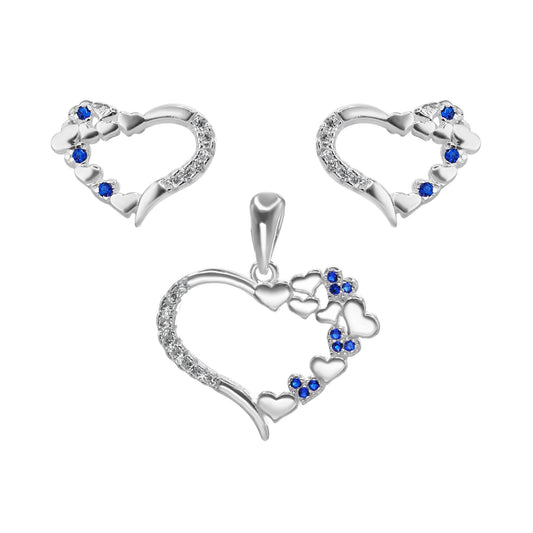Conjunto de Plata 925 Diseño Corazón Circones y Detalles de Circones Azules