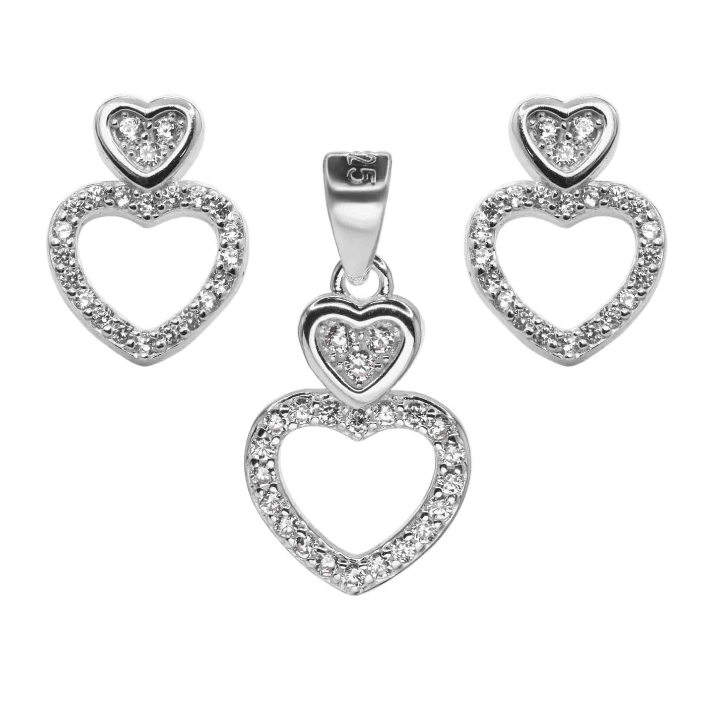 Conjunto de Plata 925 Diseño Doble Corazón Calado con Contorno de Circones
