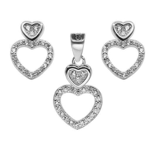 Conjunto de Plata 925 Diseño Doble Corazón Calado con Contorno de Circones