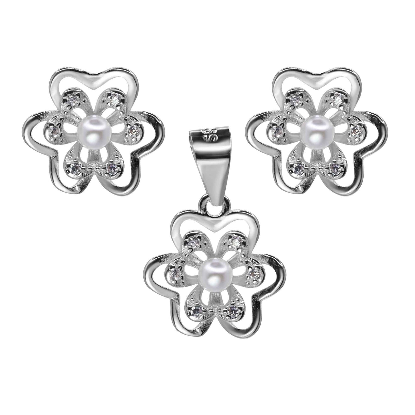 Conjunto de Plata 925 Diseño Flores con Perla y Circones
