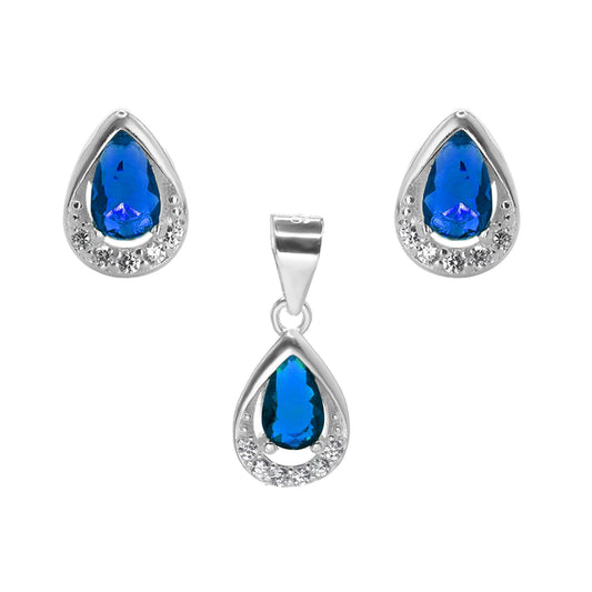 Conjunto de Plata 925 Diseño Gota Calada de Circones y Circón Azul