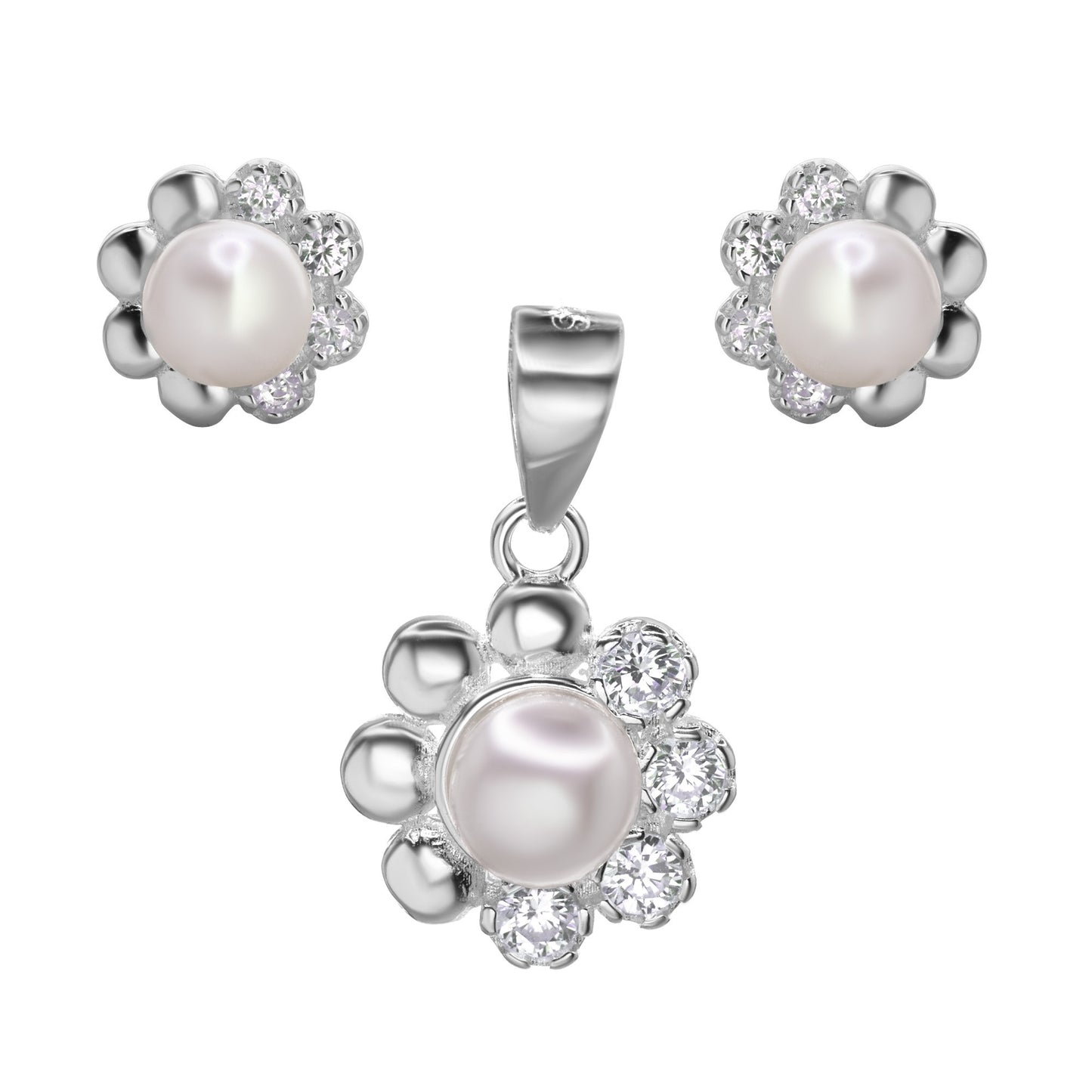 Conjunto de Plata 925 Diseño Placa de Flor de Circones y Lisa con Perla Imitación