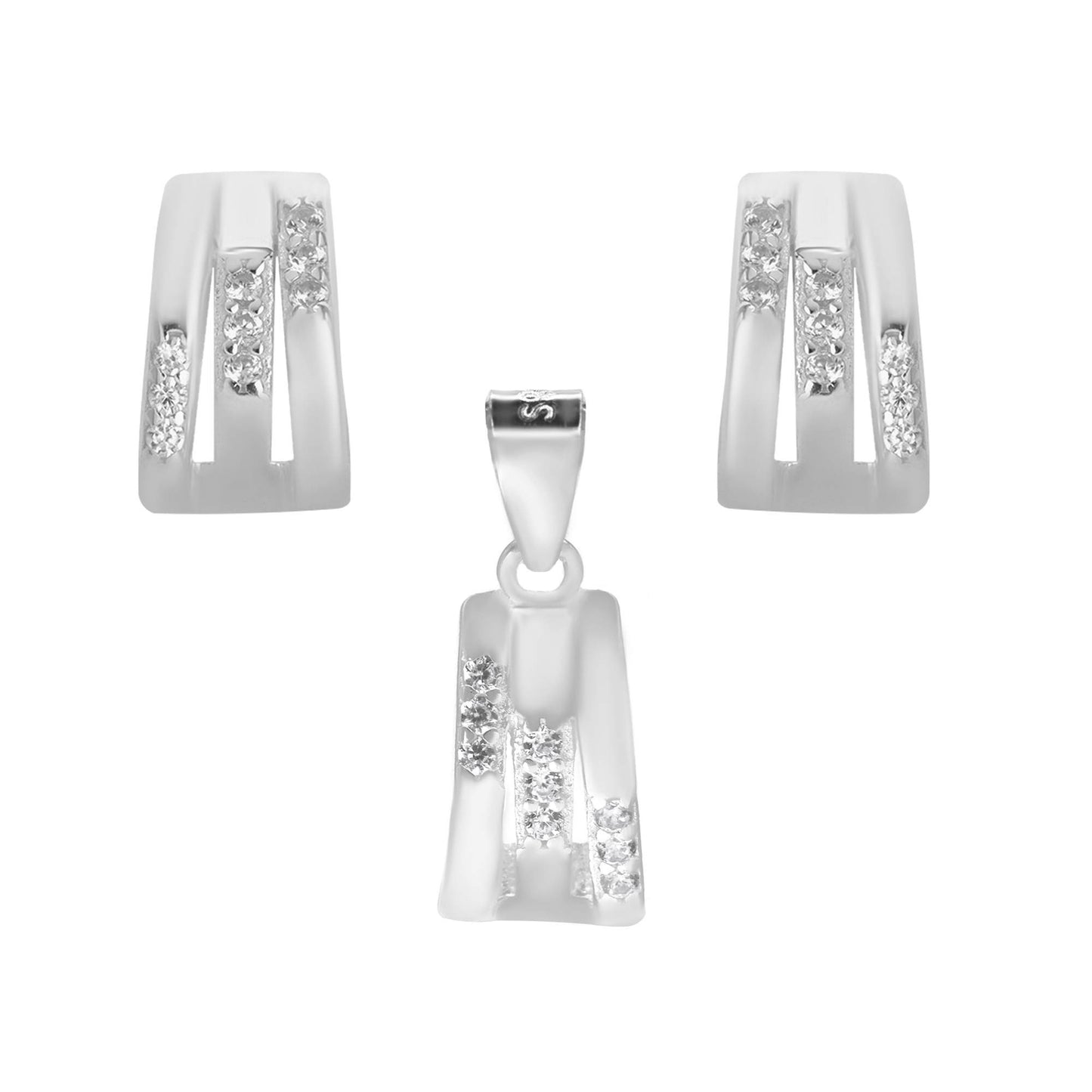 Conjunto de Plata 925 Estilo Curvo Triple Banda con Serie de Circones