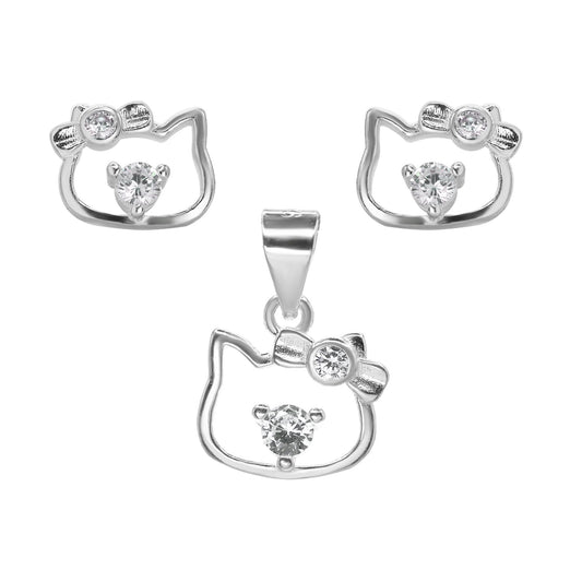 Conjunto de Plata 925 Estilo Hello Kitty con Circones