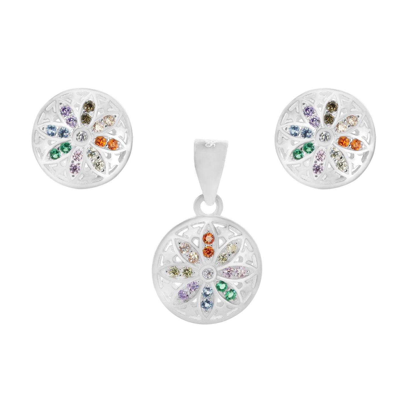 Conjunto de Plata 925 Placa con Flor de Loto con Circones de Colores