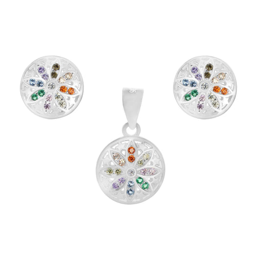 Conjunto de Plata 925 Placa con Flor de Loto con Circones de Colores