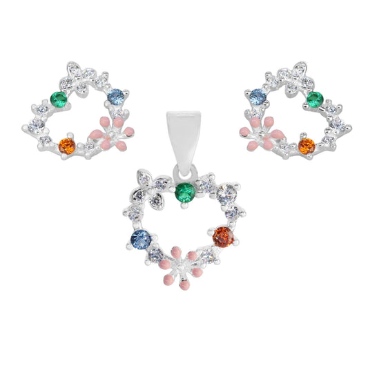 Conjunto de Plata 925 Relieve Corazón de Circones de Colores y Flores