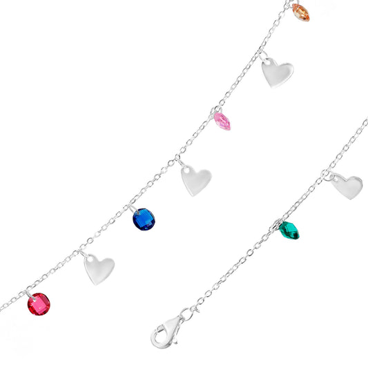 Pulsera de Plata 925 Diseño Corazones y Cristales de Colores Colgantes