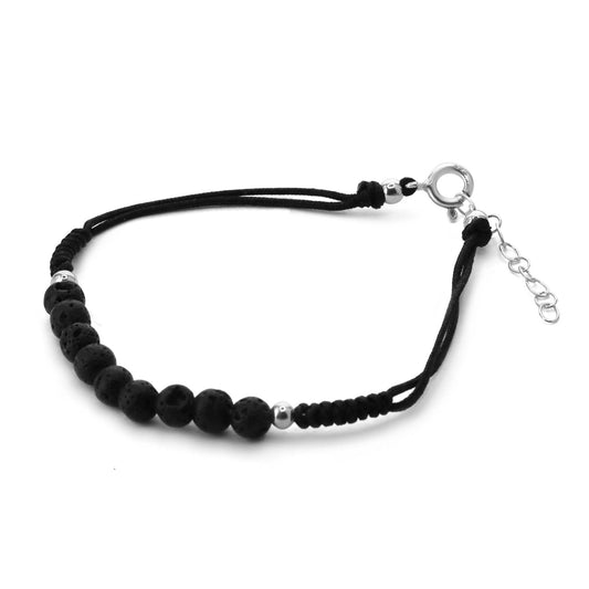 Pulsera de Plata 925 Macramé Hilo Negro Piedras Volcánicas