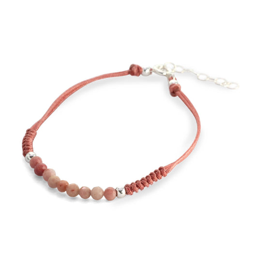Pulsera de Plata 925 Macramé Hilo Palo Rosa con Ágatas y Esferas Lisas