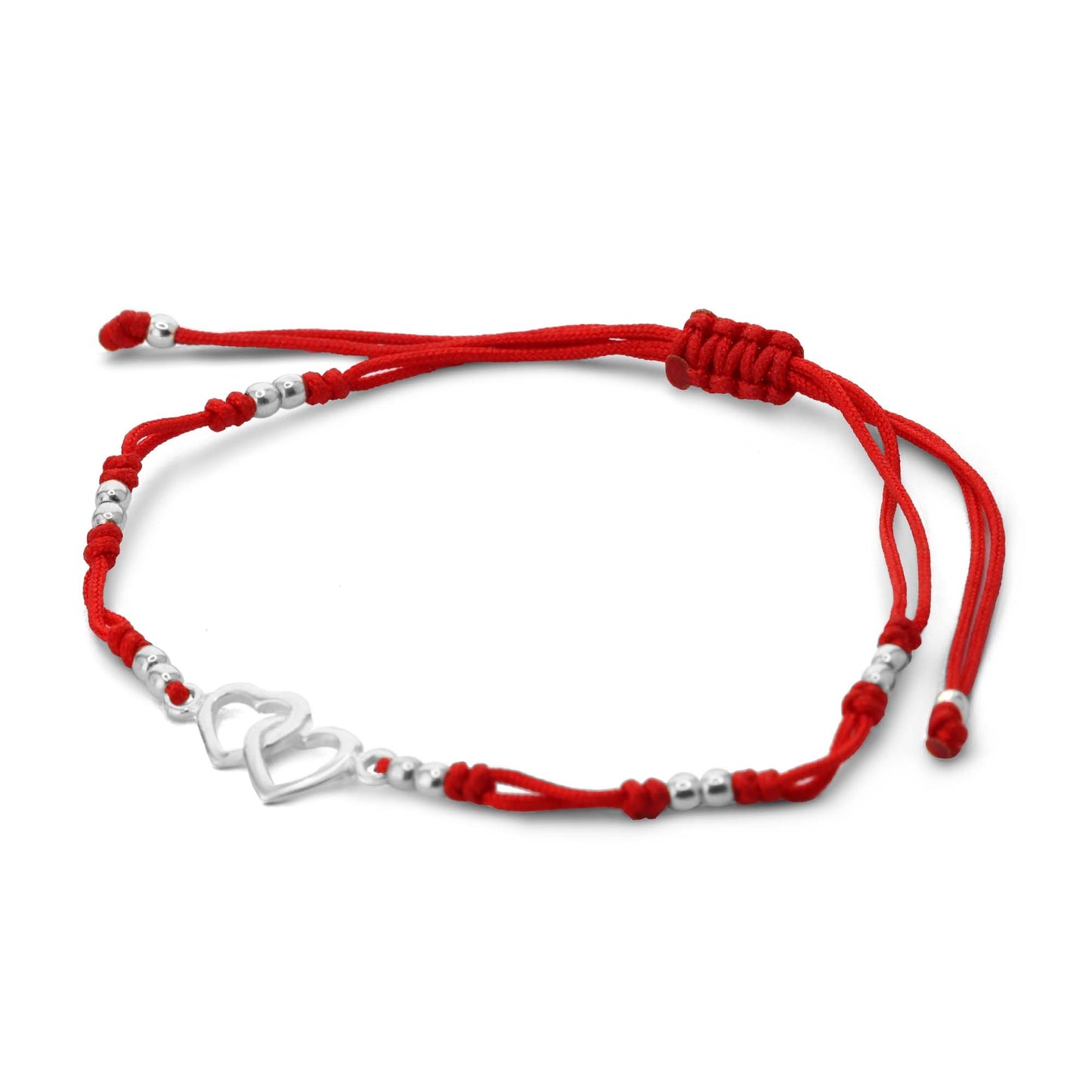 Pulsera de Plata 925 Macramé Hilo Rojo Corazones Enlazados