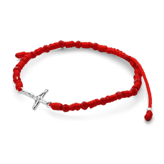 Pulsera de Plata 925 Macramé Hilo Rojo Cristales y Dije Cruz