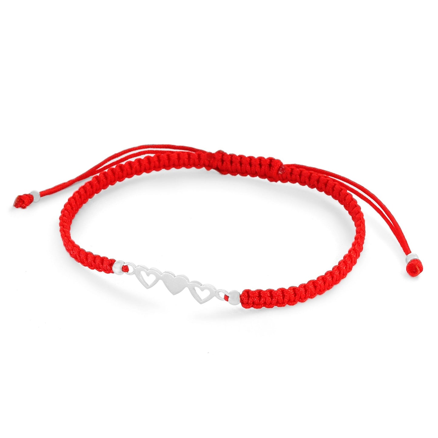 Pulsera de Plata 925 Macramé Hilo Rojo Dije Corazones