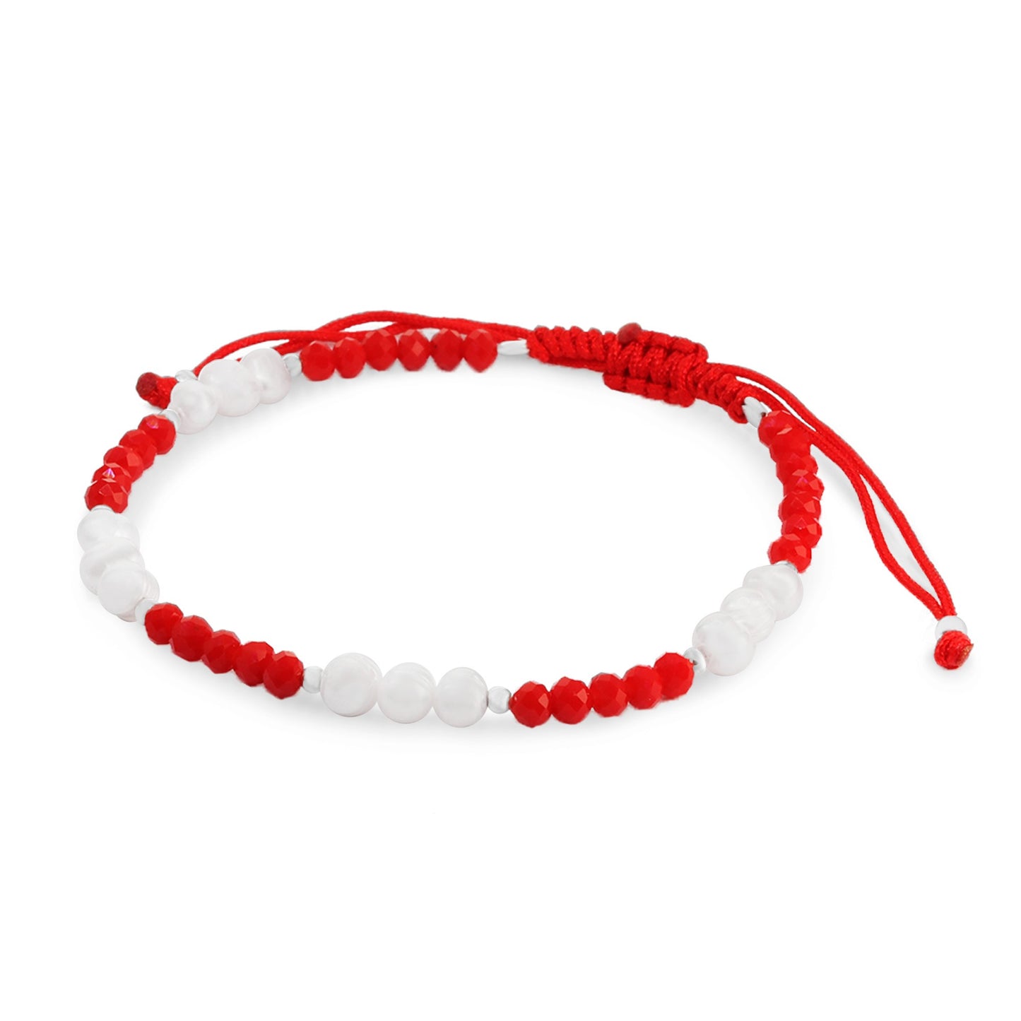 Pulsera de Plata 925 Macramé Perla de Rio con Cristales Rojos