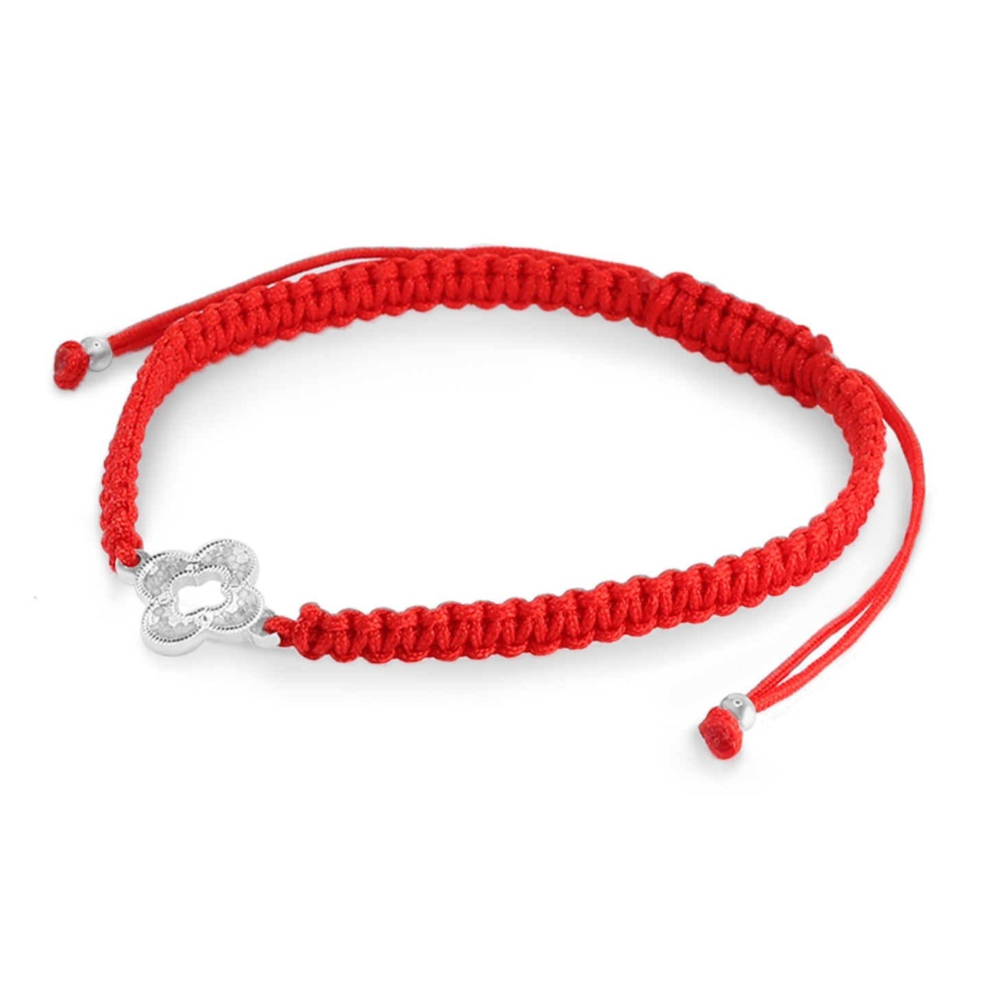 Pulsera de Plata 925 Macramé Rojo Trébol Calado con Textura
