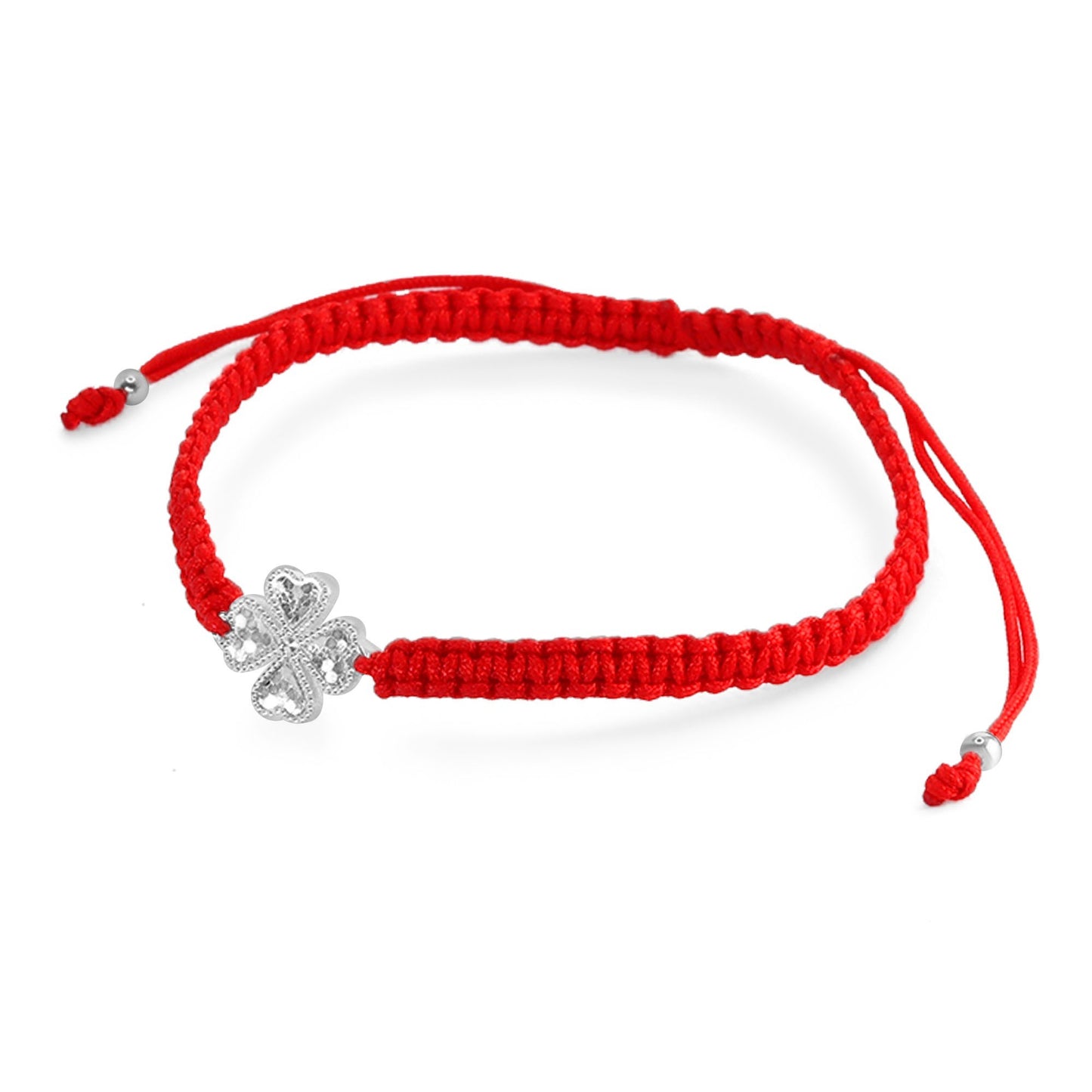 Pulsera de Plata 925 Macramé Rojo Trébol Corazón con Textura
