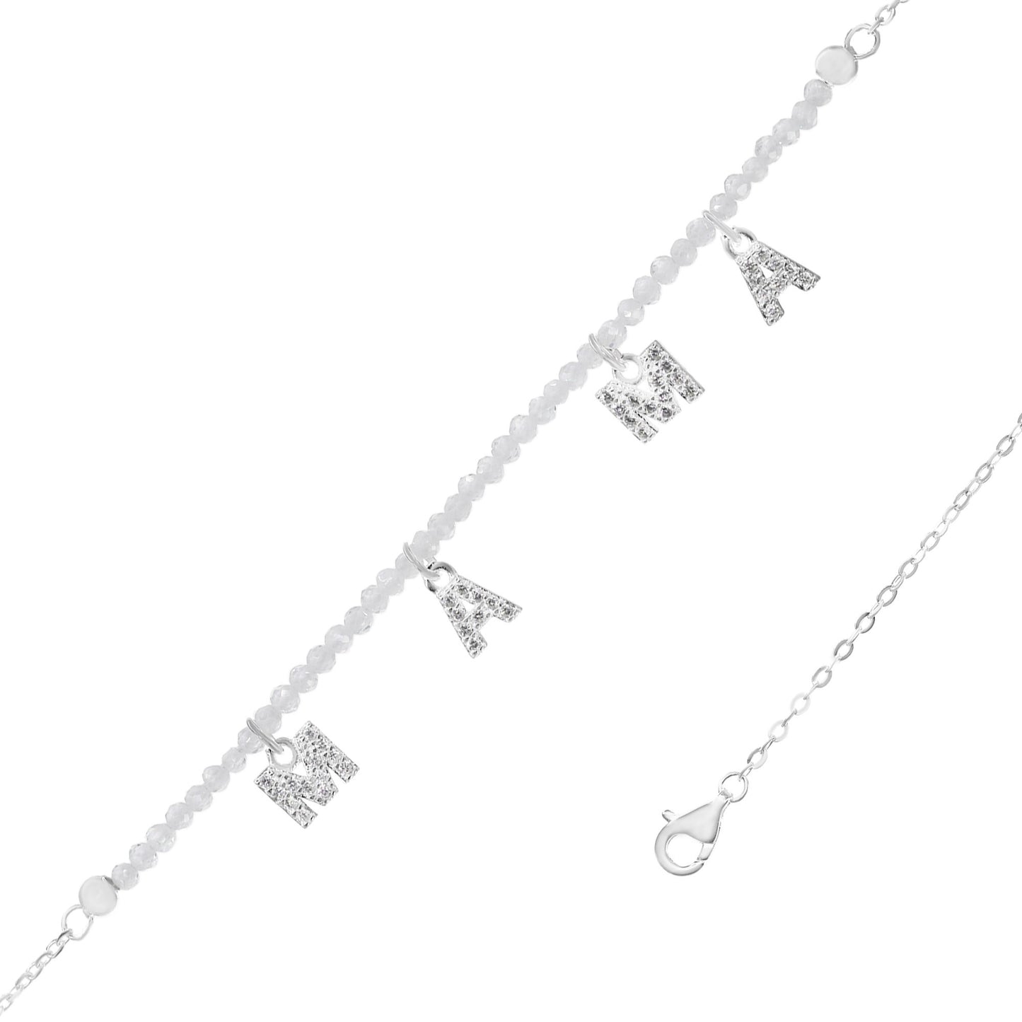 Pulsera de Plata 925 "MAMÁ" Ágatas Blancas y Esferas