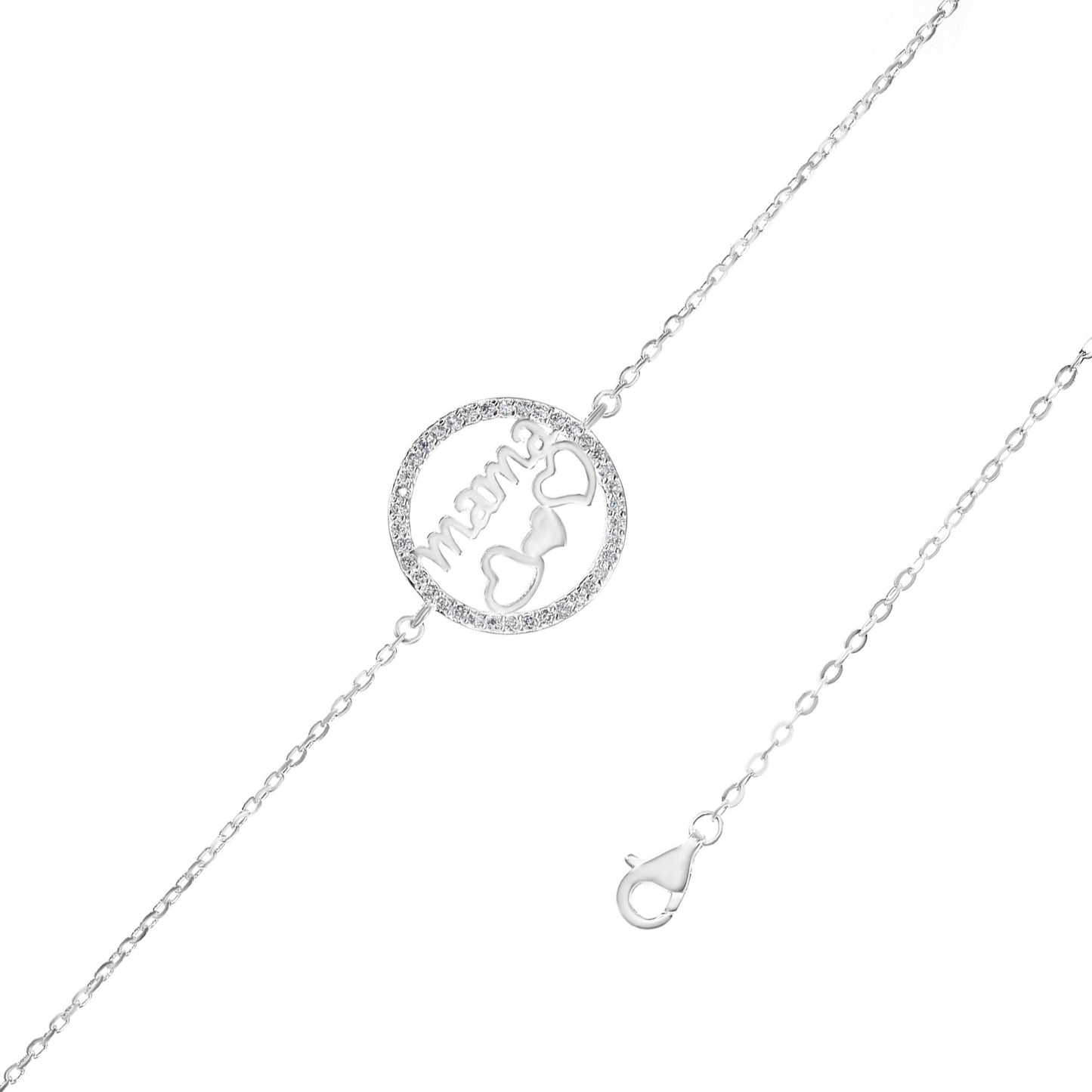 Pulsera de Plata 925 Placa Calada de Circones con Corazones "Mamá
