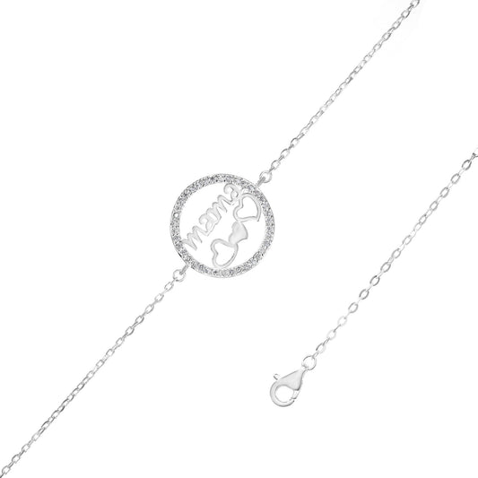 Pulsera de Plata 925 Placa Calada de Circones con Corazones "Mamá