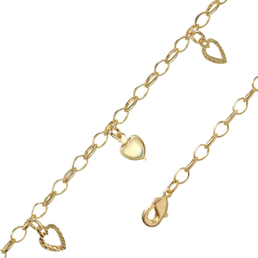 Pulsera Enchapada en Oro Diseño Eslabones con Corazones Biselados y Tornasol