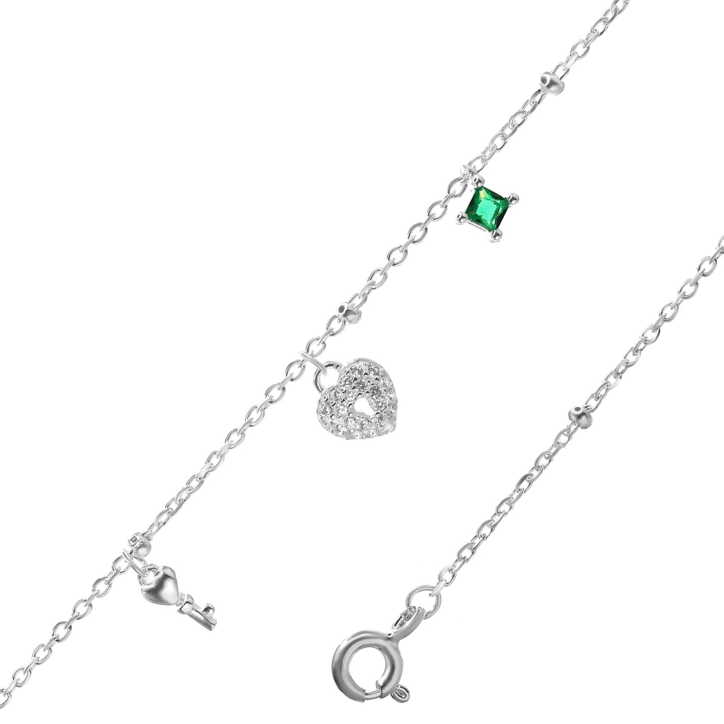 Tobillera de Plata 925 Diseño Corazón de Circones con Llave y Circón Verde