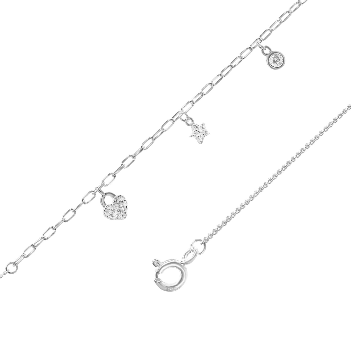 Tobillera de Plata 925 Diseño Corazón, Estrella y Circón