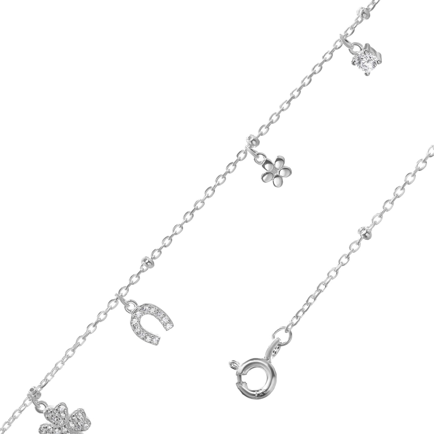 Tobillera de Plata 925 Diseño Figuras Colgantes con Circones y Flor Lisa