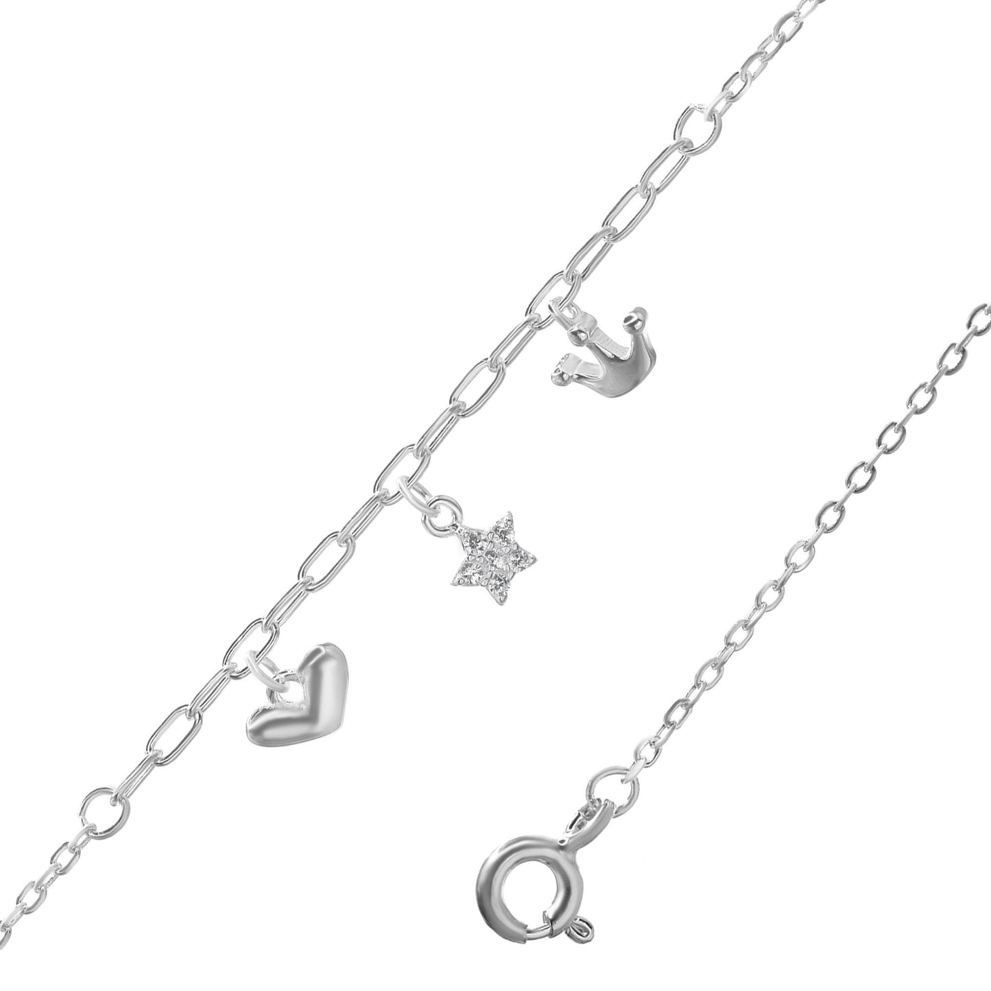 Tobillera de Plata 925 Diseño Figuras Estrella de Circón con Corazón y Corona