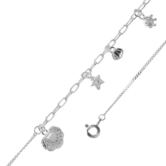 Tobillera de Plata 925 Diseño Multi Figuras Colgantes con Circones