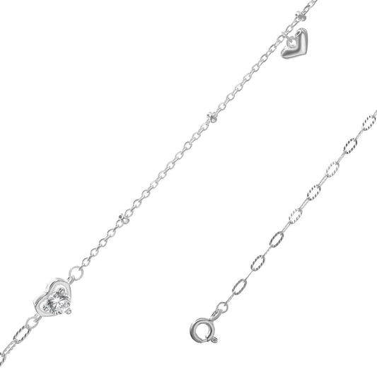 Tobillera de Plata 925 Doble Diseño Cadena con Corazón Circón