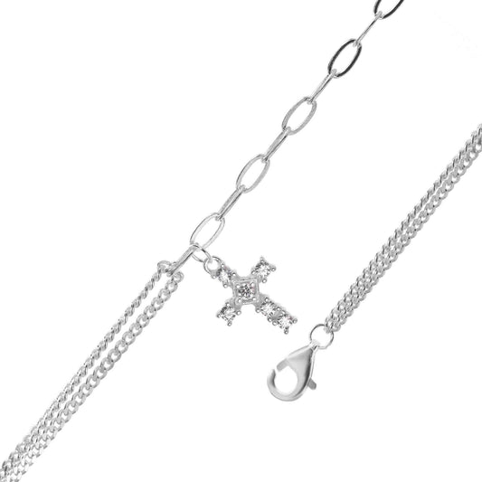 Tobillera de Plata 925 Doble Diseño con Cruz de Circones