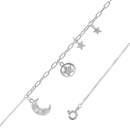 Tobillera de Plata 925 Doble Diseño con Figuras Colgantes Luna de Circones y Estrellas