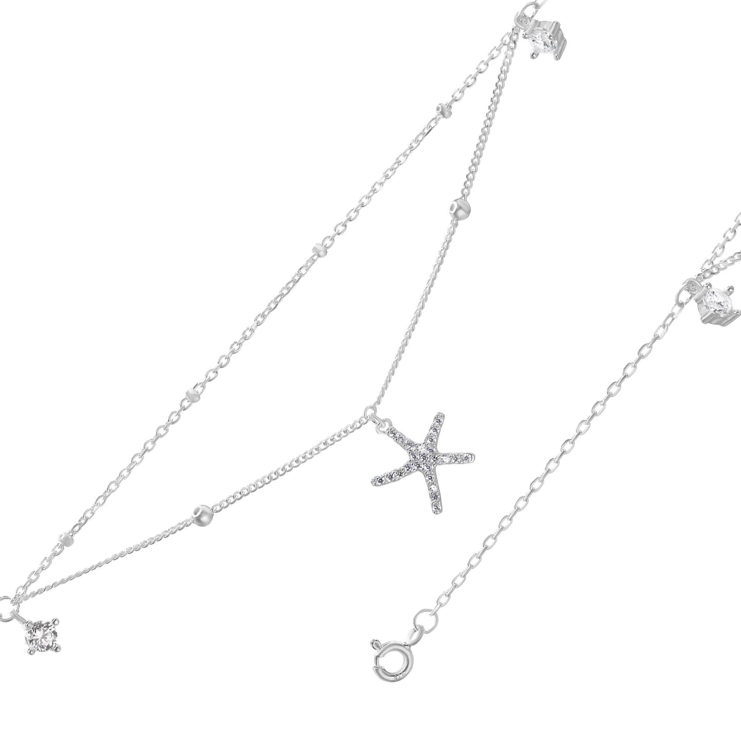 Tobillera de Plata 925 Estilo Doble Cadena Estrella Marina de Circones , Esferas y Circones Tradicionales